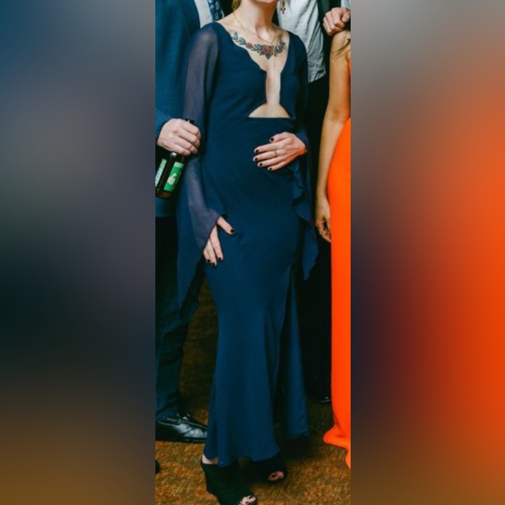 ASOS Midi Flowy Long Sleeve Cutout Dress in Navy - Picture 8 of 8